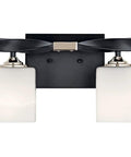 Two-Light Marette 13.5-Inch Vanity Light in Brushed Nickel with satin etched opal glass on black background for bathrooms