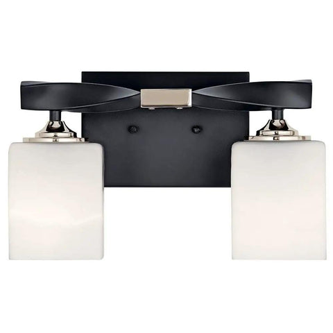 Two-Light Marette 13.5-Inch Vanity Light in Brushed Nickel with satin etched opal glass on black background for bathrooms