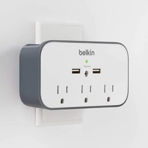 On-Wall Surge Protector Mount With Three Outlets And Two USB Ports, Handy Charging Station For Phone And Tablet, Space Saving Design