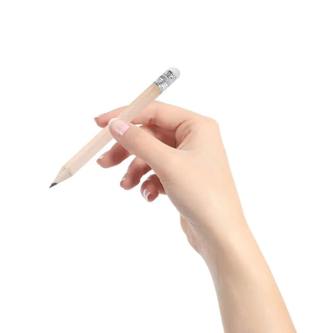 Hand holding a short wooden pencil with white eraser; 60 Pack Short Golf Pencils Hb Graphite Non Sharpening Mini Writing Pencils with white eraser tips