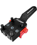 Self Centering Dowel Jig Kit For Woodworking with 3 metal bushings, handheld design, and red locking knobs for precise joints.