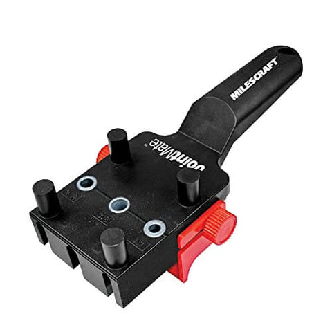 Self Centering Dowel Jig Kit For Woodworking with 3 metal bushings, handheld design, and red locking knobs for precise joints.
