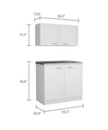 Slick White Two Piece Cabinet Set For Living Room Or Bedroom, Tall Upper Shelf And Short Lower Stand Both Include Smooth Countertops For Hassle-Free Storage And Clean Setup dimensions and structure.