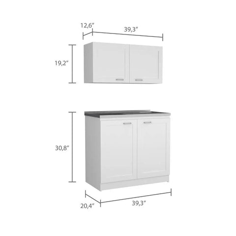 White Two Piece Cabinet Set Knockout Style For Your Digs Tall And Low Units With Countertops Heavy Duty Build Smooth Finish dimensions showing tall and low units.