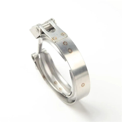 2 Inch Stainless Steel Quick Release Exhaust V Band Clamp Kit with mild steel flanges for universal turbo piping, high angle view.