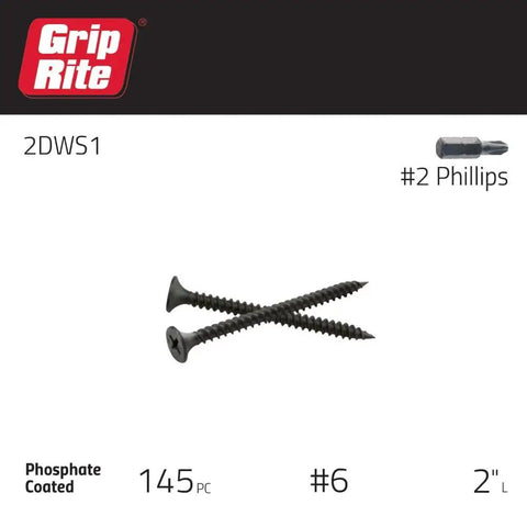 Heavy Duty Six By Two Inch Phillips Bugle Head Drywall Screws featuring fine threads and protective phosphate coating.