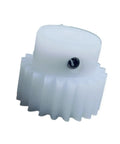 Close-up of a 0.7M POM Spur Gear 26T with 8mm bore, white plastic pinion for RC cars, robotics, and hobby builds.