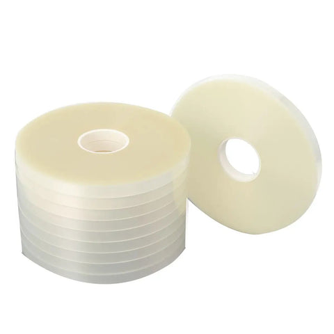 Premium OPP Strapping Tape 100 Roll Pack stacked, showcasing heavy duty grip and smooth feeding for bundling.