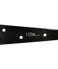 Side view of HLM Optimo black steel tee hinge with 4-inch arm and mounting holes