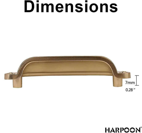 Chef Kiss 10 Pack 3 Inch Cup Kitchen Drawer Pulls With A Slick Champagne Gold Brushed Brass Finish showing dimensions and profile angle.