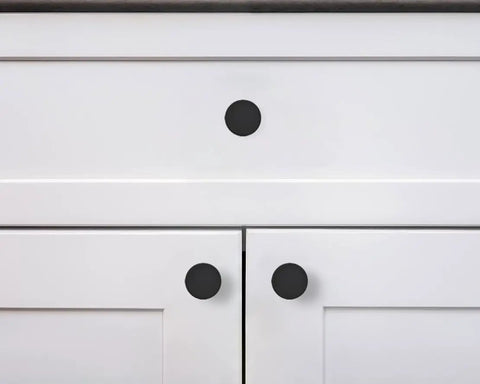 Matte Black Round Cabinet Knobs Ten Pack One And One Fifth Inch Lead Free Safe Drawer Pulls On White Cabinets