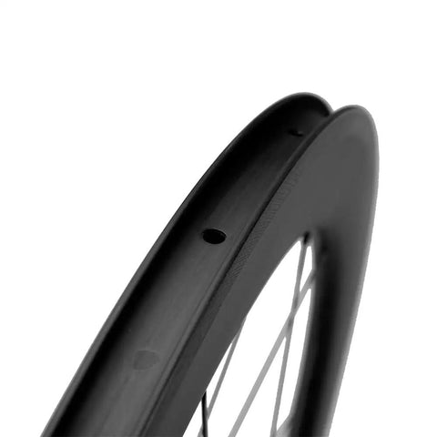 Close-up of Carbon Wheelset 60mm Depth 25mm Width 700c Clincher Road Wheels With Toray T700 Carbon Fiber 3K Matte Finish