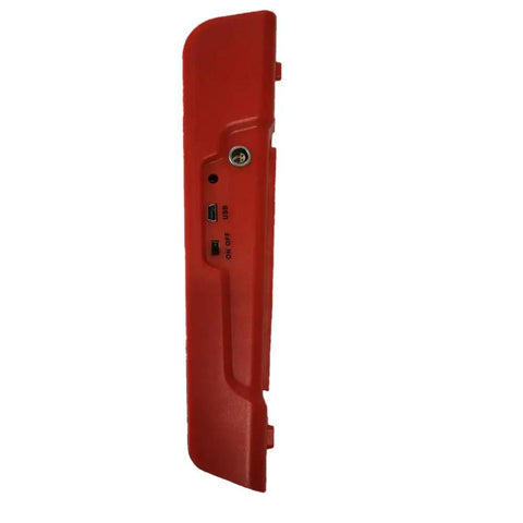 Side view of the Handheld Portable Hardness Tester with built-in printer, red casing, USB ports.