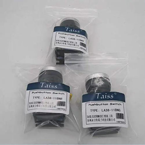 Boxed Momentary Push Button Switch 22mm 1NO 1NC With Red Yellow Green Buttons, Beefy Build, LA38-11 Series, pack of three