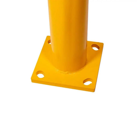 Close-up of yellow powder-coated bolt-on base of 4 Pack Built Tough High Profile Steel Machine Guard Rails 36x48 Floor Mounted