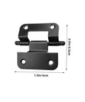 Cabinet door hinge, black metal with mounting plate; 1.5in wide by 2.5in tall.