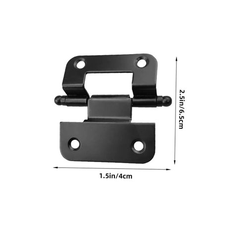 Cabinet door hinge, black metal with mounting plate; 1.5in wide by 2.5in tall.