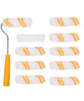 Slick 10 Piece Mini Paint Roller Covers Heavy Duty Acrylic Dripless Wall Wood Fabric Decorating Kit including 10 rollers and a handle.