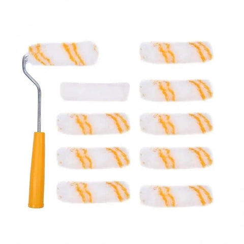 Slick 10 Piece Mini Paint Roller Covers Heavy Duty Acrylic Dripless Wall Wood Fabric Decorating Kit including 10 rollers and a handle.