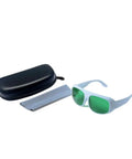 Top Shelf Laser Safety Glasses Offering Heavy Duty Wide Band Eye Protection Od3 Plus And Od5 Shielding For Red And Near Infrared Beams With Clear Optics with protective case and cleaning cloth.