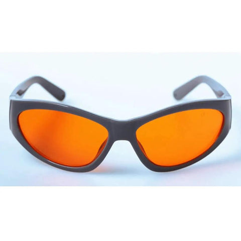 Badass Blue and Green Laser Safety Glasses with OD 5 Plus Protection Covering 266 355 515 532 Nanometers CE EN 107 Model GHP 55 front view with orange tinted lenses.
