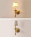Modern Brass Wall Lamp With White Cotton Drum Shade Matte Warm Antique Finish Easy Install Sconce For Living Room Hallway And Decor Lighting Vibe Ideal For Bedrooms And Dining Areas showcasing lit and unlit views.