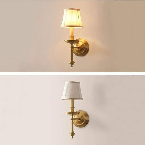 Modern Brass Wall Lamp With White Cotton Drum Shade Matte Warm Antique Finish Easy Install Sconce For Living Room Hallway And Decor Lighting Vibe Ideal For Bedrooms And Dining Areas showcasing lit and unlit views.