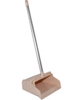 Commercial Upright Dustpan With 30 Inch Aluminum Handle Serrated Broom Comb Edge And Locking Yoke standing upright in tan.