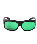 Heavy Duty Laser Protective Glasses Provide Knockout Eye Defense For Red Semiconductor Projects And Nd Yag Workshops With Straight Up Comfort Seal Optical Density Filter, featuring green lenses and black frame.