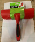 Nine Inch Paint Roller With Integrated Anti Splatter Shield And Heavy Duty Rubber Grip For No Sweat Wall Painting Plus Threaded Socket Attaches To Standard Poles Slick Smooth Coat Reusable Nap Cover Pack Of Ten, red roller with handle.