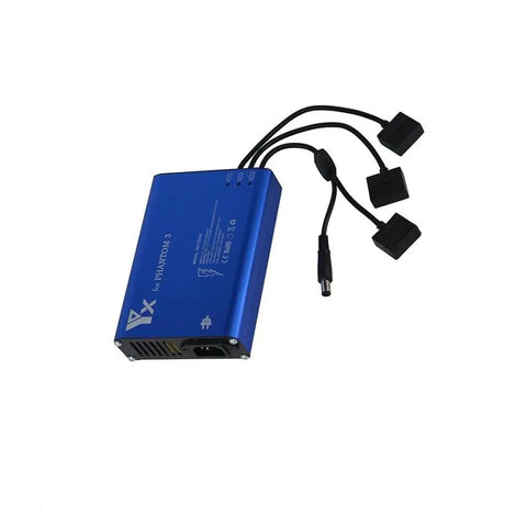 4 In 1 Parallel Power Hub For Phantom 3 Drone Battery Transmitter Charger with blue aluminum shell and cables visible