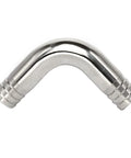 Side view of 304 stainless sanitary hose barb elbow, 1-1/4 in. barbed ends, 90° bend.