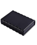 Black desktop instrument box enclosure made from tough ABS plastic for DIY electronics control panels, 77 x 111.5 x 25.5 mm.