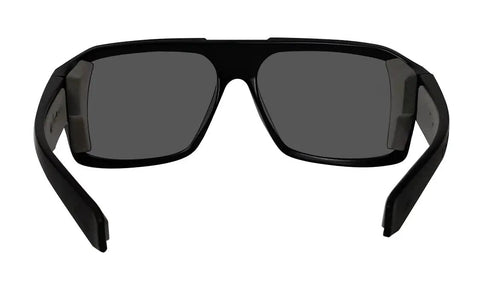 Floating Eyewear Mega Bomb Polarized Safety Sunglasses in matte black frame with smoke lens, rear profile view, foam cushioned.
