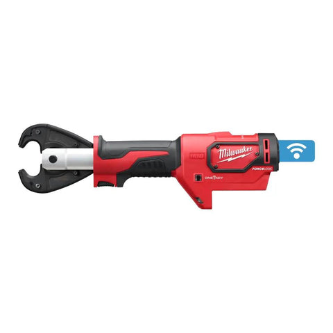 M18 Cordless 6 Ton Utility Crimper With Center Grip And Adaptive Pressure Control, heavy-duty electric crimping device, red and black.