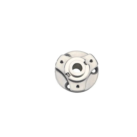 Metal hollow disc torque-hinge hub with 360° rotation, central bore and mounting holes.