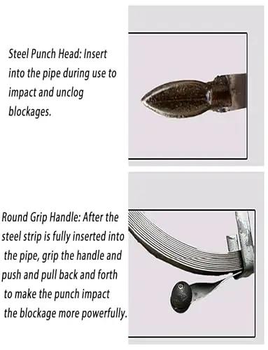 Steel Punch Head and Round Grip Handle for Heavy Duty Main Line Drain Auger with Slick Steel Wire Cable Kicks Stubborn Clogs.