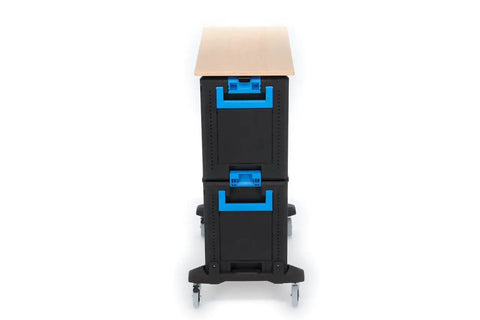 Hella Sturdy Tool Cart With Six Roomy Drawers And Premium Wood Worktop Rolling Shop Trolley aluminum body, black and blue design close-up.