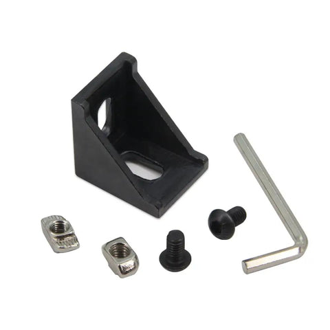 Black 3030 Right Angle Corner Brackets Kit With M6 Screws And T Nuts For 3030 Aluminum Extrusion 8mm Profile, showing bracket and tools.