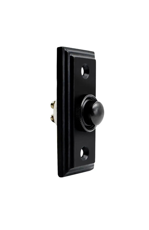 Black Powder Coated Wired Doorbell Button With Recess Mount Old School Vintage Cast Iron Style Antique Finish Weather Resistant Two Wire Compatible Easy Install For Standard Doorbell Chimes, side view