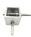 Front view of PGFUN 5:1 right-angle worm gearbox in aluminum housing with exposed worm gear and 8 mm shaft.