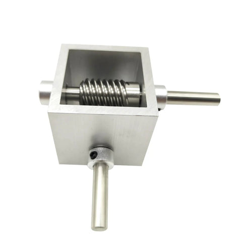 Front view of PGFUN 5:1 right-angle worm gearbox in aluminum housing with exposed worm gear and 8 mm shaft.