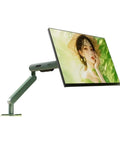 One Piece Height Adjustable Wall Mount Monitor Arm With Ultra Smooth Extendable Arms in green, showcasing a tilted monitor.