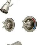 Twin Handles Tub Shower Faucet With Metal Cross Handle In Brushed Nickel, Wall Mount, Pressure Balanced Washerless Cartridge