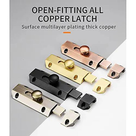 Genuine Solid Copper Door Slide Latch And Heavy Duty Barrel Bolt Lock For Home Gate Security Rock Solid Built Tough Surface Mounted Bathroom Privacy Latch With Rust Proof Coating, assorted colors and sizes displayed.