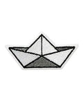 White Origami Boat Iron On Patch For Clothing And Custom Gear Simple Folding Ship Applique to enhance streetwear vibe.
