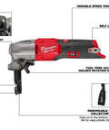 M12 FUEL 16 Gauge Variable Speed Nibbler Tool Only, Cordless Sheet Metal Cutter with labeled parts such as punch, die, and belt loop.
