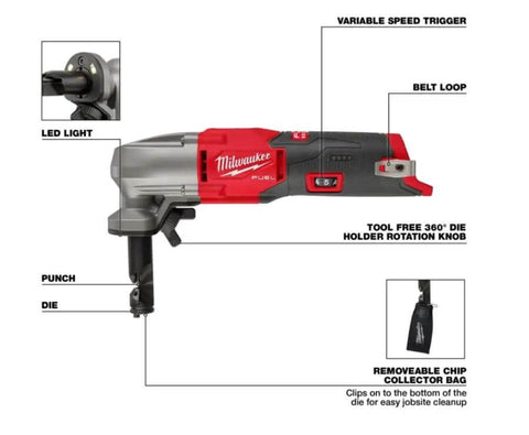 M12 FUEL 16 Gauge Variable Speed Nibbler Tool Only, Cordless Sheet Metal Cutter with labeled parts such as punch, die, and belt loop.