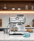 Barista Grade Home Espresso Machine With 9 Bar Pressure Automatic Coffee Maker on kitchen counter with cups and croissant