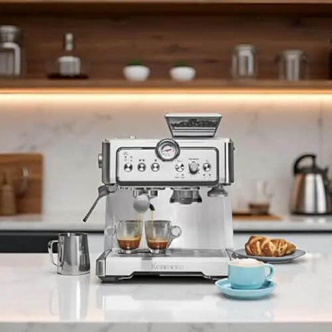 Barista Grade Home Espresso Machine With 9 Bar Pressure Automatic Coffee Maker on kitchen counter with cups and croissant